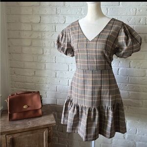 •NWOT Giani  Bini v neck puff Sleeve short dress plaid fall winter sz Sm